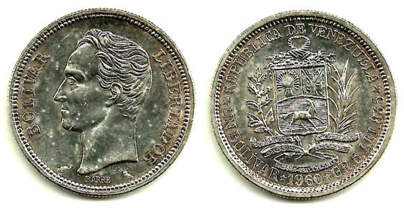 (YA37) Venezuela. 1960. 1 Bolivar (SC) (Plata)