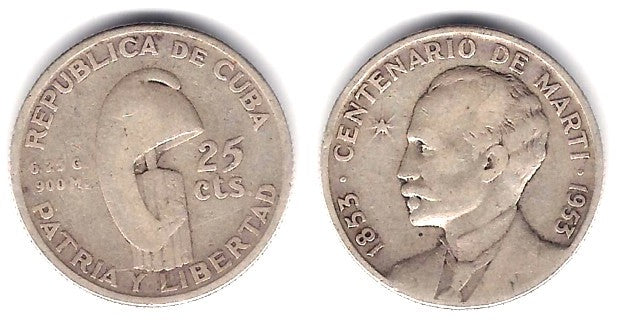 (27) Cuba. 1953. 25 Centavos (BC) (Plata)