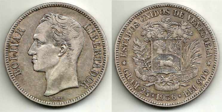 (Y24.2) Venezuela. 1936. 5 Bolivares (MBC) (Plata)