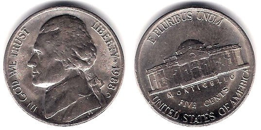 (A192) Estados Unidos de América. 1988(D). 5 Cents (MBC+)