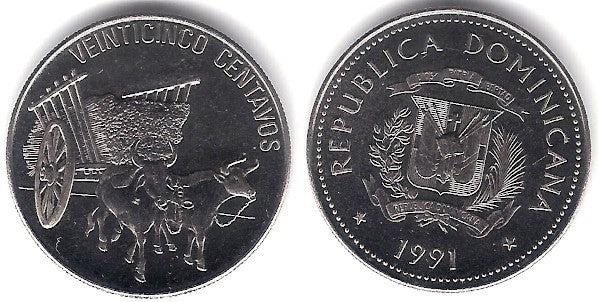 (71.2) República Dominicana. 1991. 25 Centavos (SC)