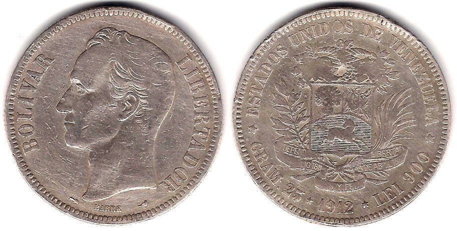 (Y24.2) Venezuela. 1912. 5 Bolivares (BC) (Plata)