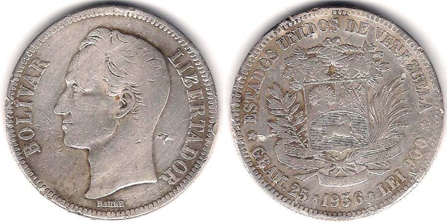 (Y24.2) Venezuela. 1936. 5 Bolivares (BC/BC-) (Plata)