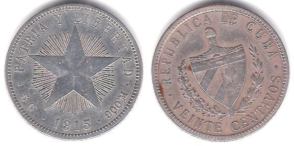 (13.2) Cuba. 1915. 20 Centavos (MBC) (Plata)