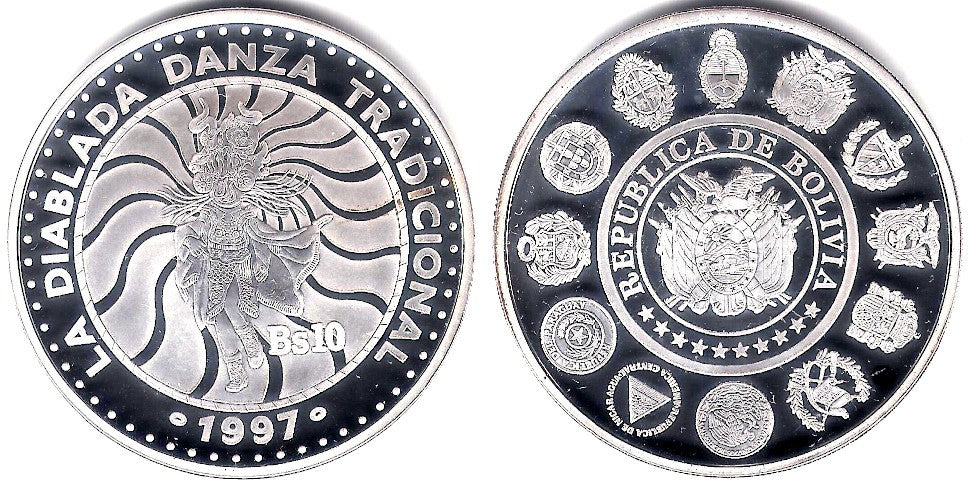 (209) Bolivia. 1997. 10 Bolivianos (Proof) (Plata)