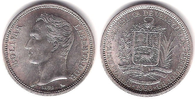 (YA37) Venezuela. 1960. 2 Bolivares (SC) (Plata)