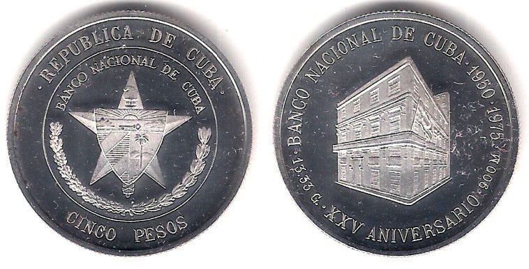 (36) Cuba. 1975. 5 Pesos (Proof) (Plata)