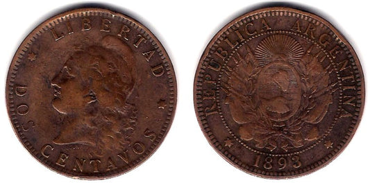 (33) Argentina. 1893. 2 Centavos (MBC-)