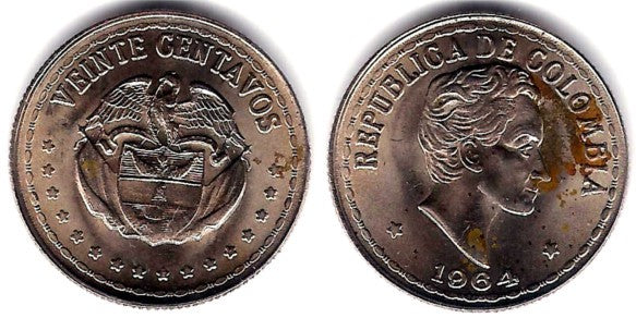 (215.2) Colombia. 1964. 20 Centavos (SC) Mancha