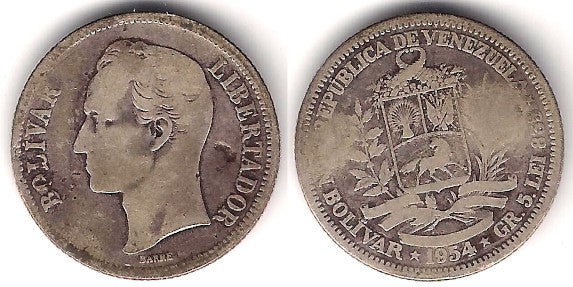 (Y37) Venezuela. 1954. 1 Bolivar (BC-) (Plata)
