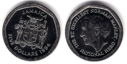 (163) Jamaica. 1994. 5 Dollars (EBC)