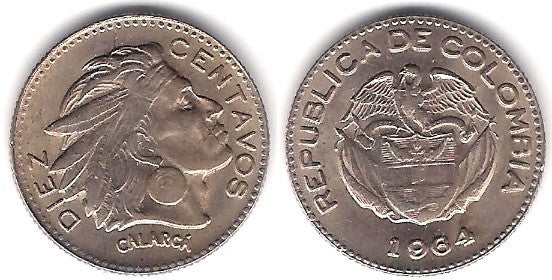 (212.2) Colombia. 1964. 10 Centavos (EBC)