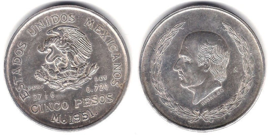 (467) Estados Unidos Mexicanos. 1951. 5 Pesos (EBC+/SC-) (Plata)