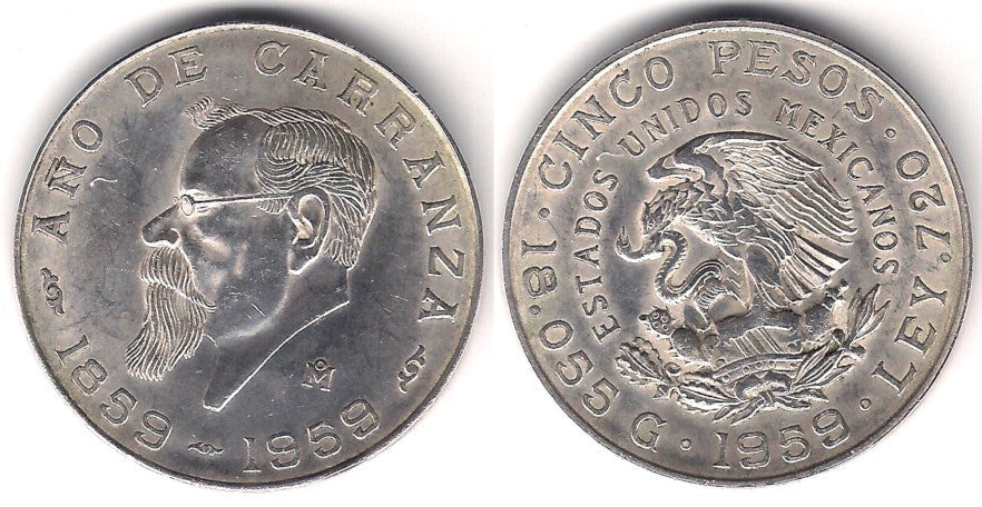 (471) Estados Unidos Mexicanos. 1959. 5 Pesos (EBC) (Plata)
