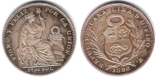 (205.2) Perú. 1896. 1/5 Sol (EBC+) (Plata)