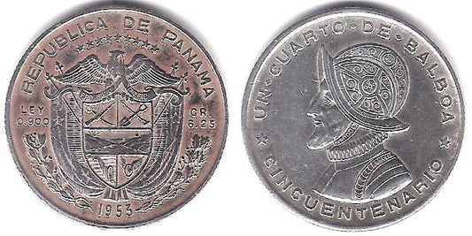 (19) Panamá. 1953. ¼ Balboa (MBC+) (Plata)
