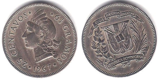 (20a.1) República Dominicana. 1967. 25 Centavos (EBC-)