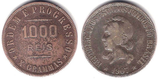 (507) Brasil. 1907. 1000 Reis (BC+) (Plata)