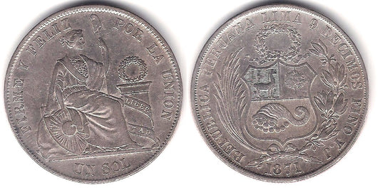 (196.3) Perú. 1871. 1 Sol (EBC-) (Plata)