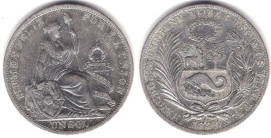 (196.26) Perú. 1894. 1 Sol (EBC-) (Plata)