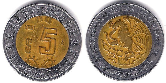 (605) Estados Unidos Mexicanos. 2001. 5 Pesos (BC)