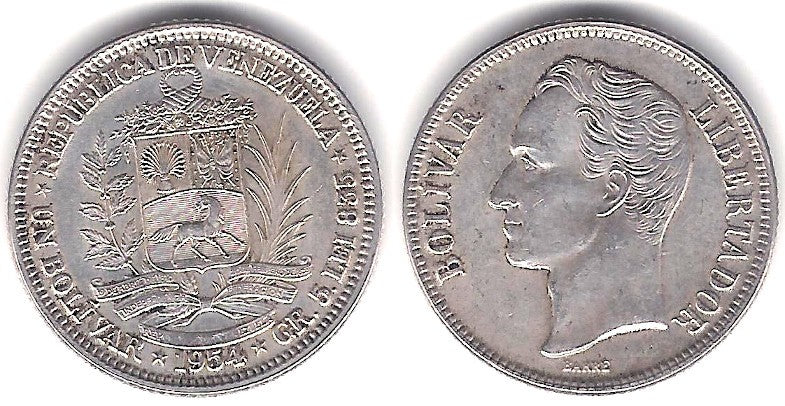 (Y37) Venezuela. 1954. 1 Bolivar (MBC+) (Plata)