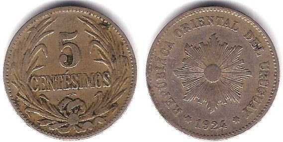 (21) Uruguay. 1924. 5 Centesimos (BC+)