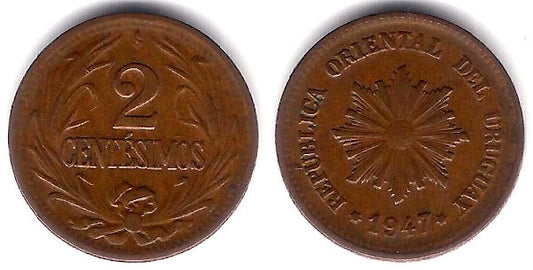 (20a) Uruguay. 1947. 2 Centesimos (MBC)