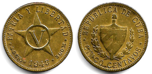 (11.3a) Cuba. 1943. 5 Centavos (BC+)