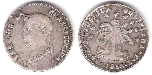 (123.2) República Boliviana. 1858. 4 Soles (MBC+/MBC) (Plata) Ceca de Potosí FJ